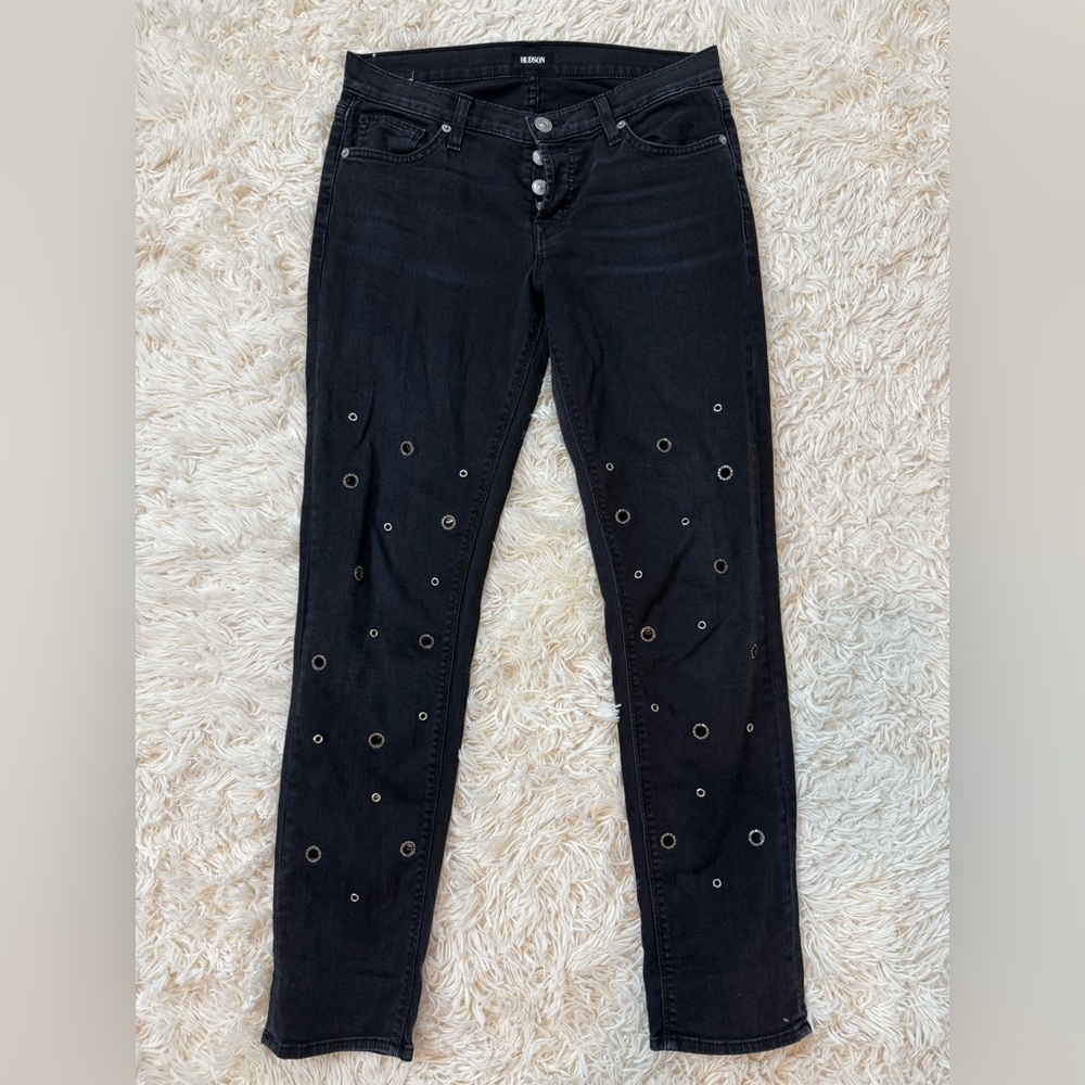 HUDSON THE RILEY CROP STRAIGHT JEANS LOW RISE SZ 25 BLACK CRYSTALS BUTTON FLY